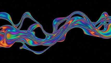 Iridescent liquid flowing waves on black background shows holographic effect with smooth gradients and vibrant colors