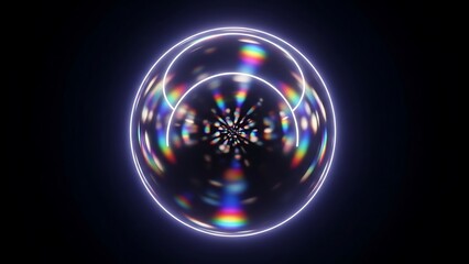 Glowing iridescent sphere with neon rings on dark background in space reveals holographic effect and abstract design