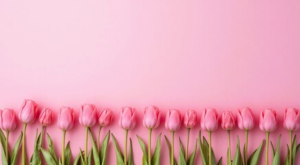 Spring celebration concept with a row of pink tulips on a pink background with ample copy space for text.