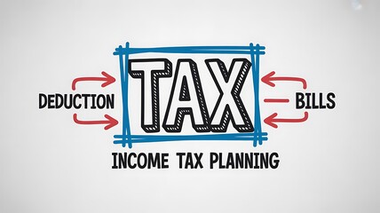 Words TAX, DEDUCTION, BILLS, and INCOME TAX PLANNING are clearly displayed with arrows