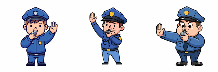 Fototapeta premium Cartoon Handdrawn Cute Policeman Blowing Whistle Doing Stop Gesture Illustration