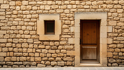 Rustic stone wall with wooden door and small window entrance texture rock