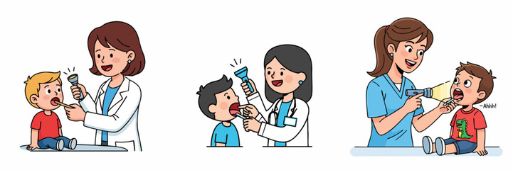 Cartoon Illustration Set of Doctor Examining a Child's Throat with Flashlight