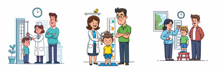 Colorful Handdrawn Doctor Measuring Child Height with Parent Illustration