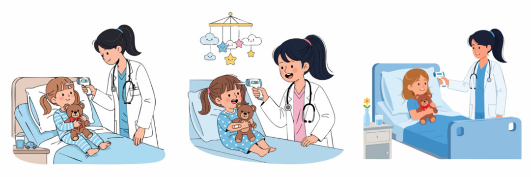 Cartoon Style Illustration of Doctor Examining A Sick Girl Patient