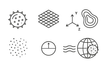 Microscopic Botanical Symbols. Line style icons of microscopic botanical measurement: pollen cell, layered grid, spatial axis,