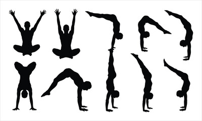 Silhouettes of individuals performing challenging inverted yoga and acrobatic poses demonstrating strength and balance