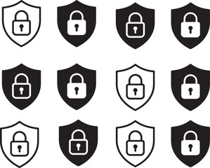 Isolated Security Icon Collection, Shield Lock Protection, Security Symbol Set, Security Icon Collection, Cyber Security Icons, Minimal Vector, Black Silhouette, Security Technology, Defense Icon