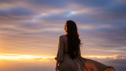 Fototapeta premium Woman standing alone at sunset with flowing dress and long hair