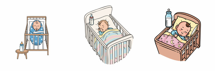 Handdrawn Cute Baby Sleeping in Crib Illustration Cartoon Element