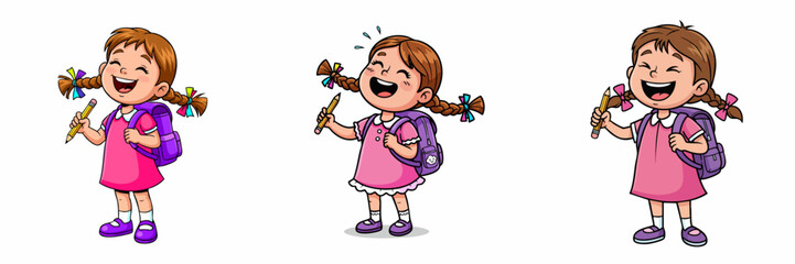 Cute Cartoon Schoolgirl Illustration with Backpack and Pencil Character