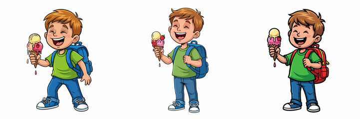 Cheerful Cartoon Schoolboy with Backpack Enjoying Ice Cream Sweet Treat