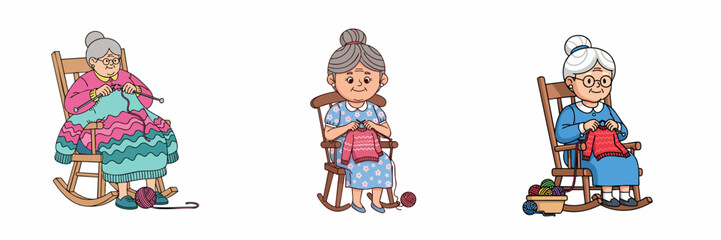 Cartoon Graphic of Three Grandmothers Knitting in Rocking Chairs Illustration