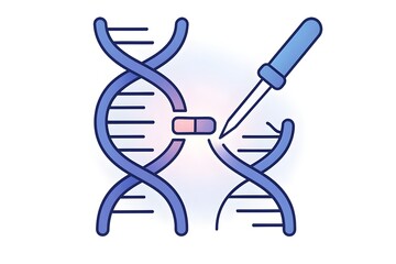 Colorful flat illustration of DNA strand editing with a pipette inserting a new fragment into a broken helix, symbolizing genetic engineering, CRISPR technology and modern molecular biology research.