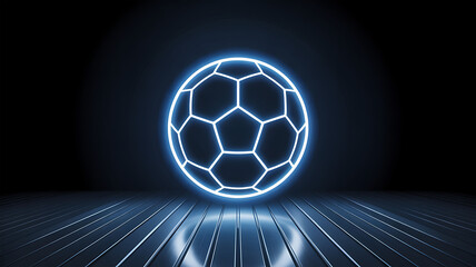 Fototapeta premium Neon glowing soccer ball on dark futuristic sports stage