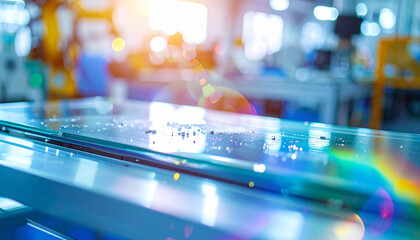 Precision Engineering: An innovative automated production line showcases advanced technology, emphasizing efficiency and innovation. The soft focus enhances a sense of sleekness and modernity. 