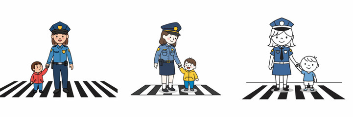 Cartoon Illustration of Police Officer Helping Child Cross Zebra Crossing Line
