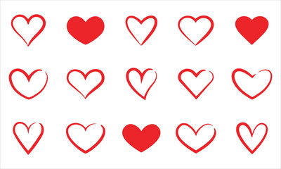 A clean grid of fifteen red heart shapes, some completely filled and some with outlines, on a white surface