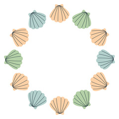 Round vector frame made of cute blue, green and yellow seashells. Seashell frame design. Vector illustration. Decorative sea summer template.