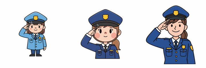 Cute Handdrawn Policewoman Character Saluting with Uniform and Hat Illustration