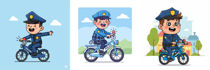 Cute Cartoon Policeman Riding a Motorcycle Illustration in Various Backgrounds