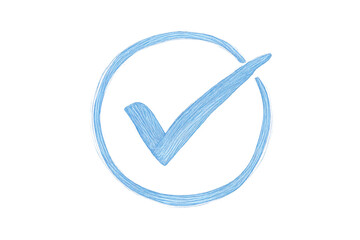 Blue hand drawn check mark icon inside a circle symbolizing validation and approval on transparent background