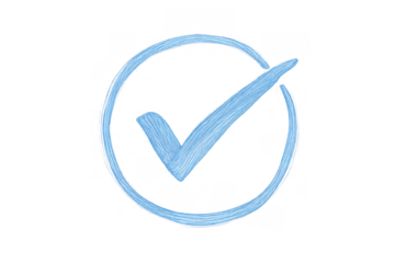 Blue hand drawn check mark icon inside a circle symbolizing validation and approval on transparent background