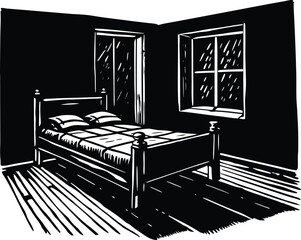Dramatic black and white illustration of an old bed in a dark room