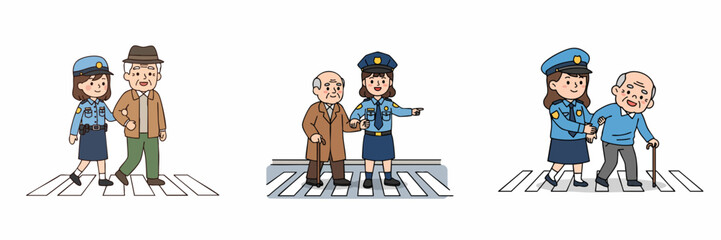 Cartoon Illustration of Police Officer Assisting Elderly Person Crossing Street