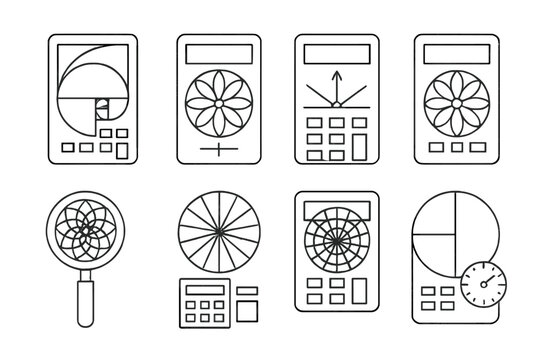 Radial Bloom Calculators. Line style icons of radial bloom calculators: golden spiral dial, petal rotation meter, symmetry axis