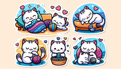 A cartoon sticker sheet of cute cat family, Ai generated image