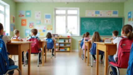 Obraz premium Children in Classroom Studying with Backpacks on Chairs