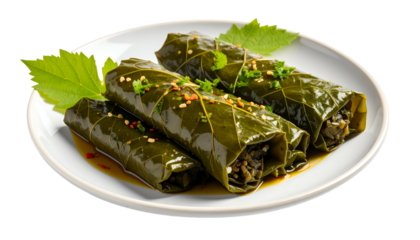 Close-up of stuffed grape leaves, drizzled, on a white plate, with garnish