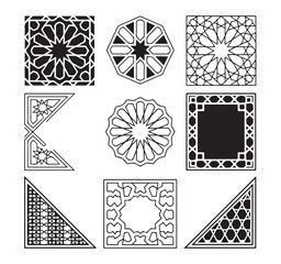 Collection of black and white Islamic geometric star tiles and decorative square frames