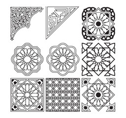 Islamic geometric patterns and decorative corners in black and white outline style