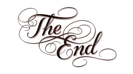The End decorative text with elegant script and flourishes, isolated white background.