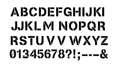 Complete English alphabet and numbers in bold stencil font, isolated white background