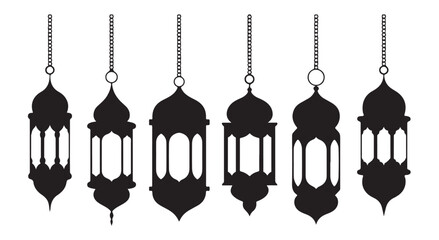 Set of seven black hanging fanoos lanterns perfect for muslim holidays and holy month designs