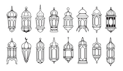 Set of sixteen hand drawn fanoos lanterns outline illustrations perfect for muslim holy month designs