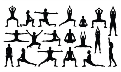 A collection of dark silhouettes showcasing various yoga and stretching poses on a clean white background