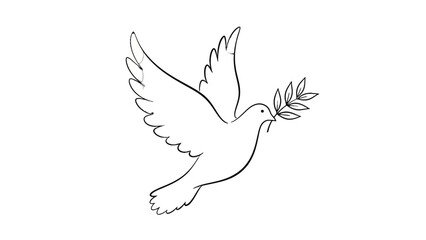 Obraz premium Flying dove carrying olive branch, symbol of peace and hope, minimalist outline, isolated white background