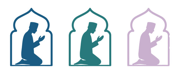 Muslim man praying kneeling inside archway silhouette diverse colors vector