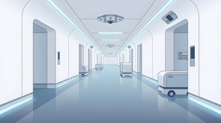 Bright futuristic hospital corridor with autonomous service robots moving along clean reflective floor, ceiling sensors and neon lights, symbolizing smart healthcare automation.