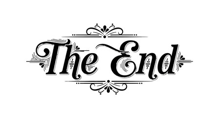 Ornate Calligraphy Text "The End" with Decorative Flourishes, Black Solid Fill, Isolated White Background, Concluding Mood