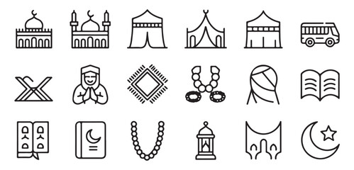 Collection of flat line symbols depicting muslim religious traditions architecture travel and prayer