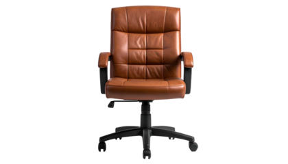 Front view of a brown leather office chair against a black backdrop, well lit