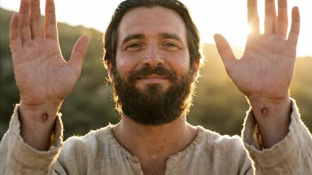 Ascended man with stigmata marks in hands blessing in golden light. Jesus Christ with hand wounds and beard for religious concept.