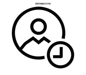 Simple black line icon depicting a user profile with a clock element representing time management