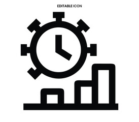 Time management icon featuring a clock within gears and a growing graph illustration