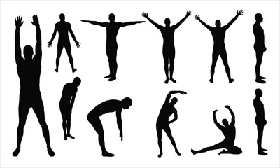 A diverse group of active dark silhouettes demonstrating various warm up and stretching exercises
